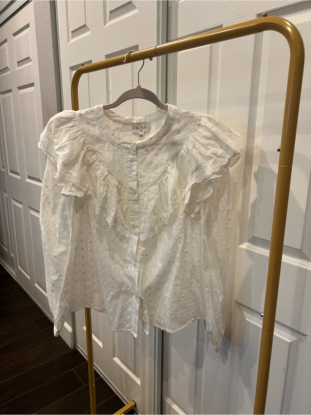 Aura White Eyelet Ruffle Yoke Button-Front Blouse